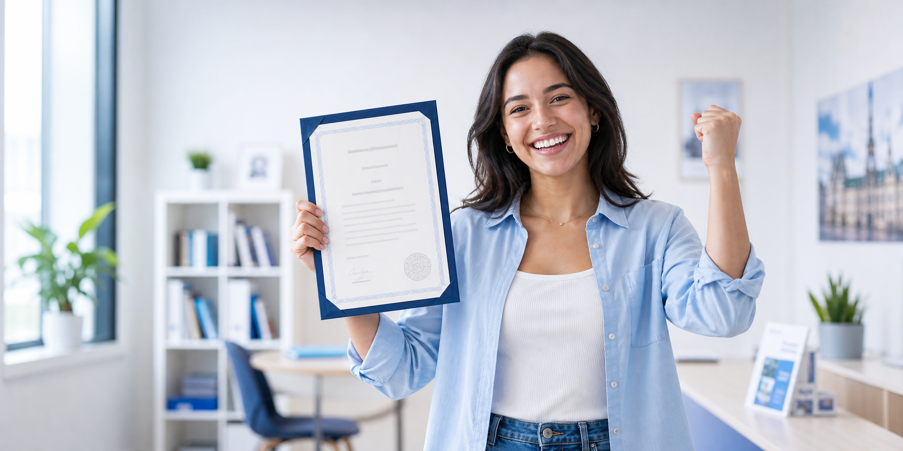 A happy German exam learner holding a certificate